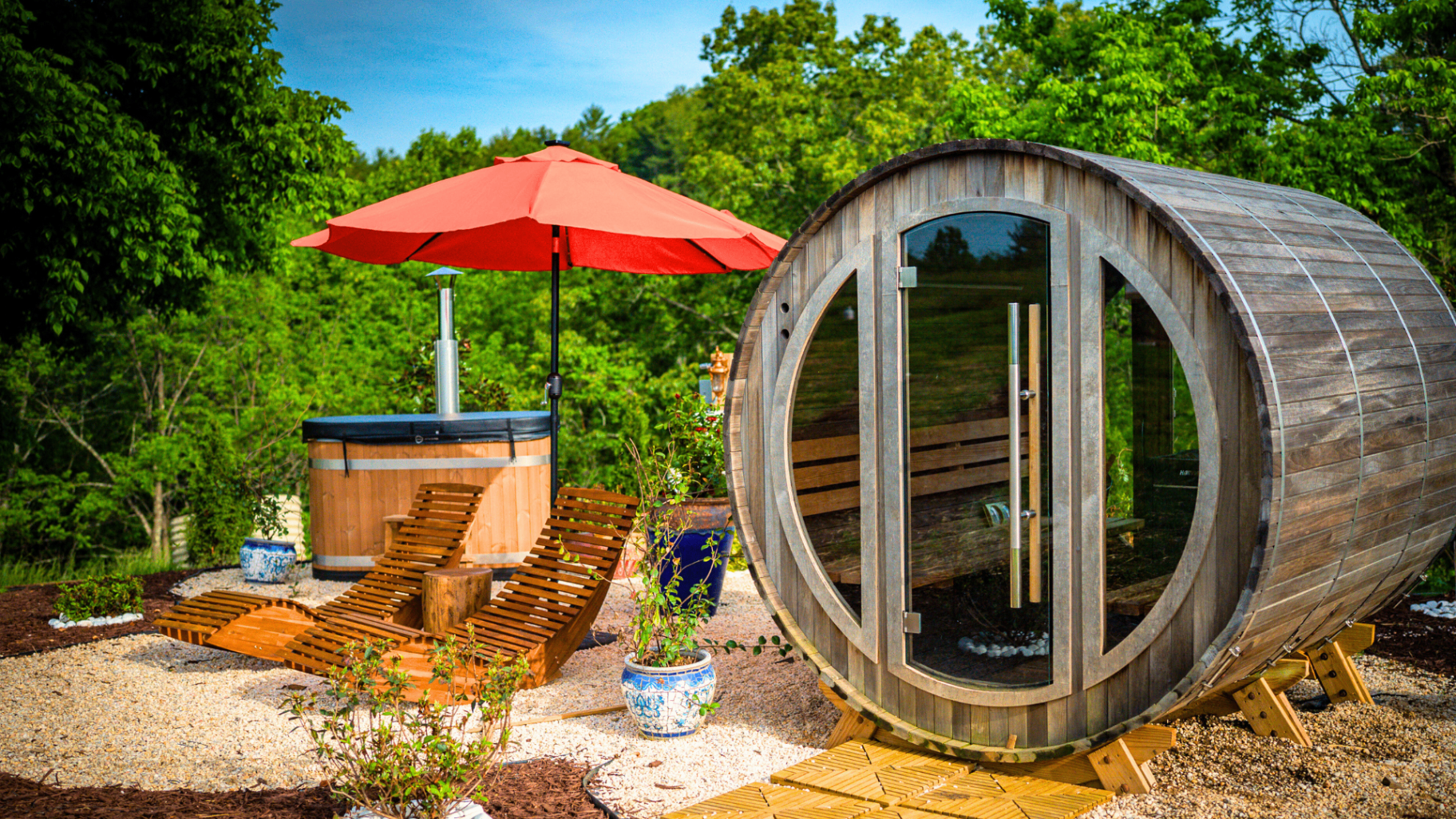 Cedar barrel sauna outdoors