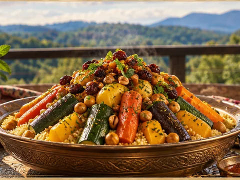 Vegetable couscous with carrots, squash, chickpeas, raisins, almonds, and herbs