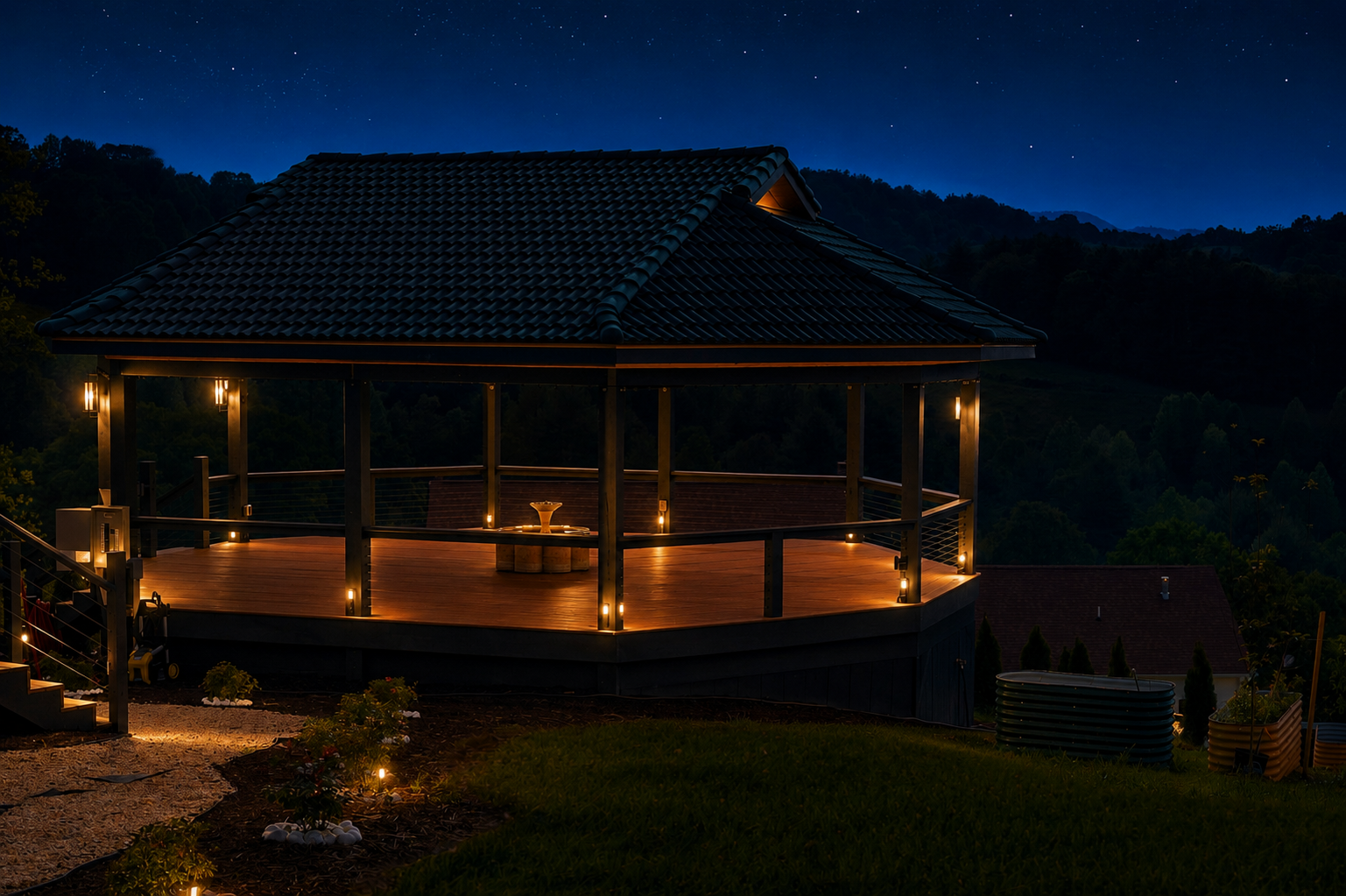 The Sultana pavilion lit with warm lanterns at night, tiled roof against a starlit Blue Ridge sky