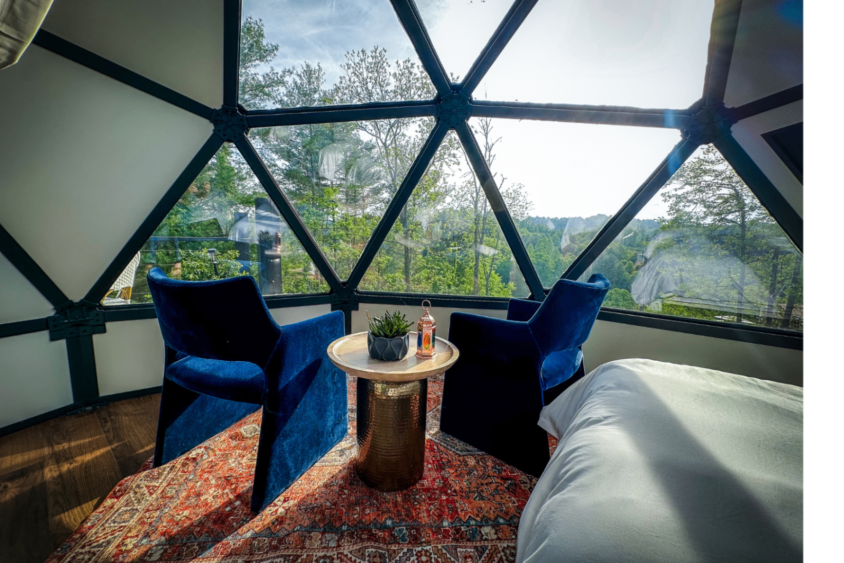 The blue sitting area inside the Chefchaouen Dome looking out to the hills