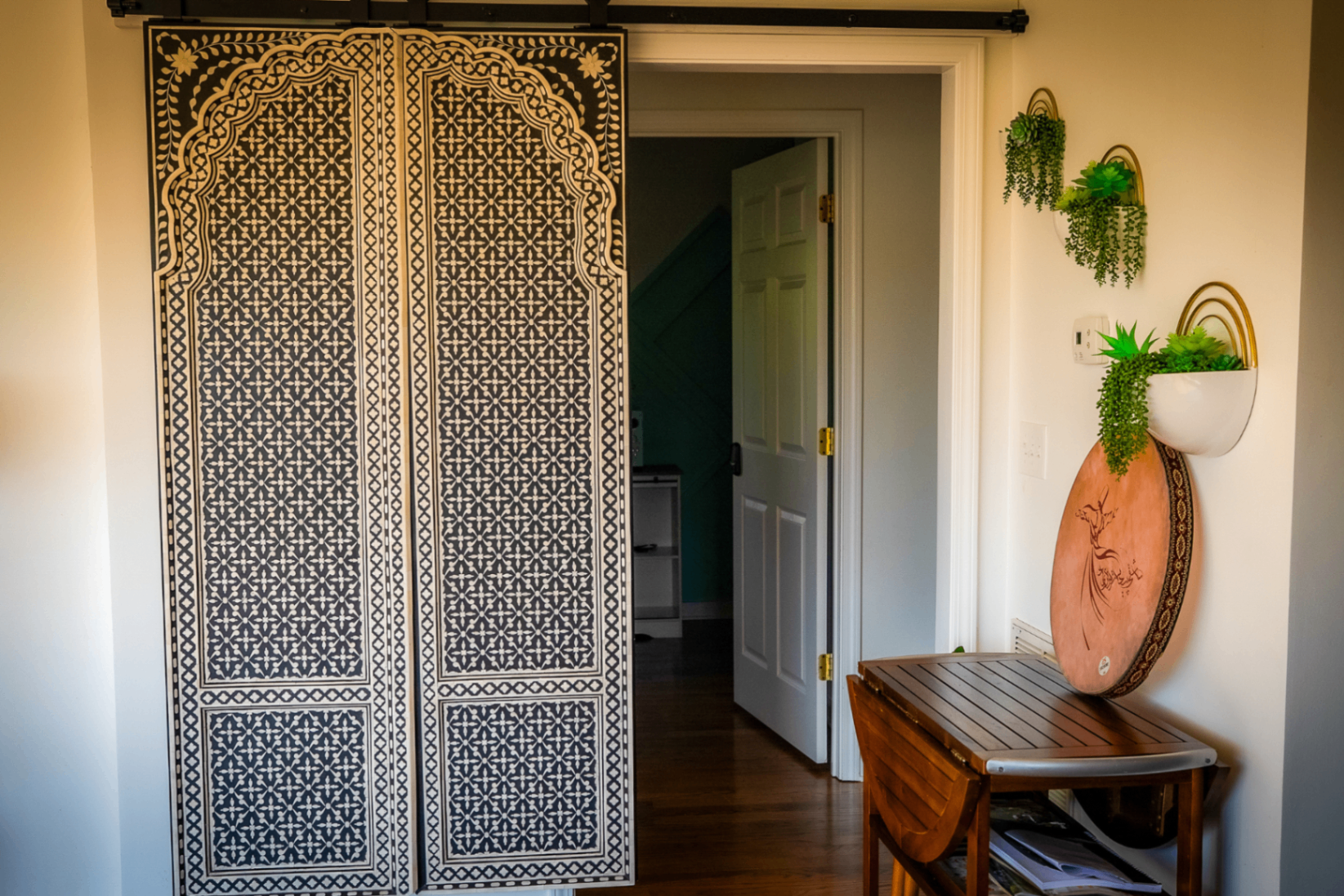 Hand-painted black and ivory Moroccan barn door