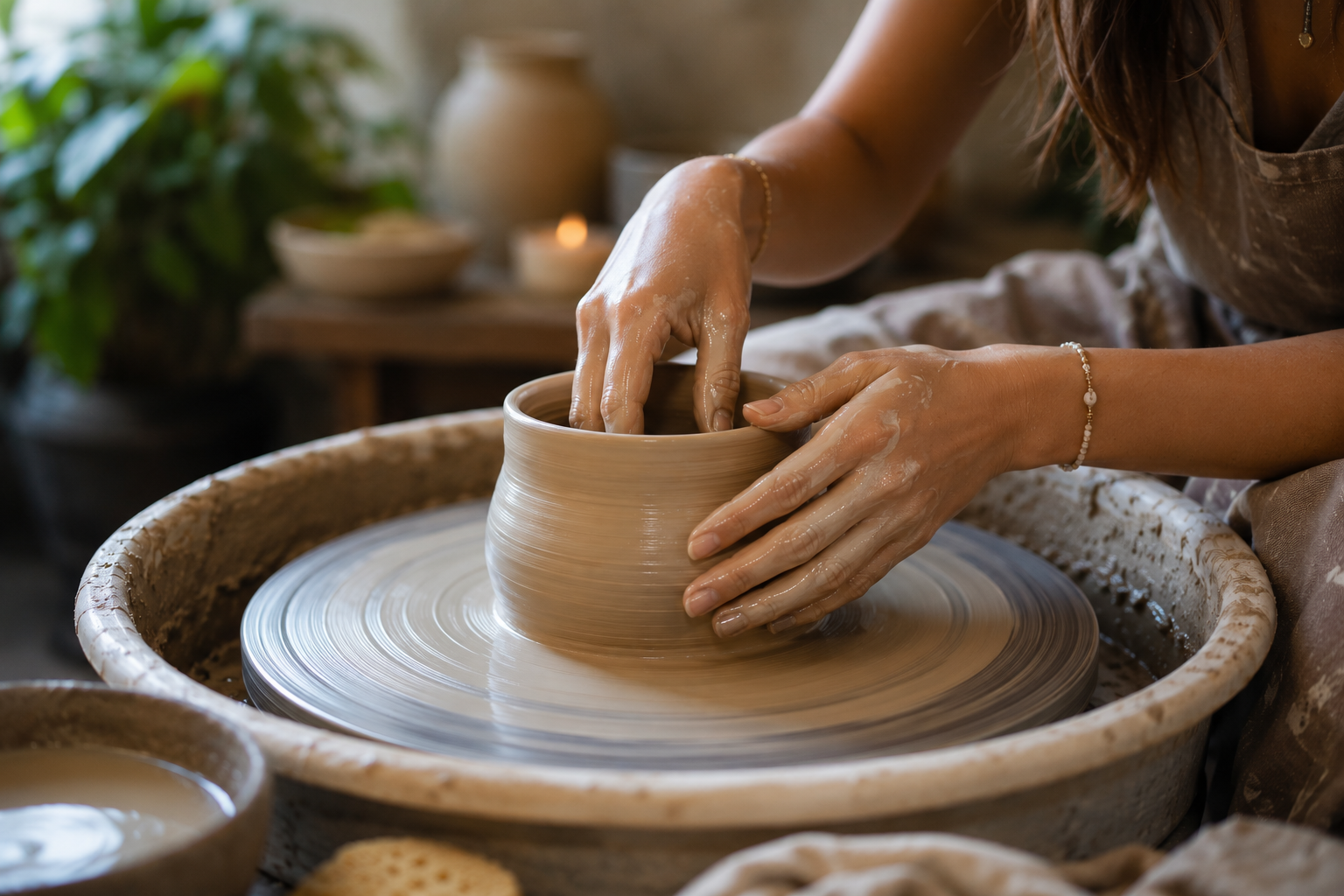 Hands at a pottery wheel