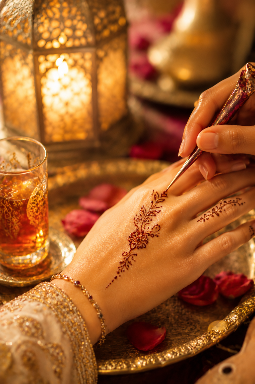 Henna being drawn by hand on a guest's hand beside a brass lantern and mint tea