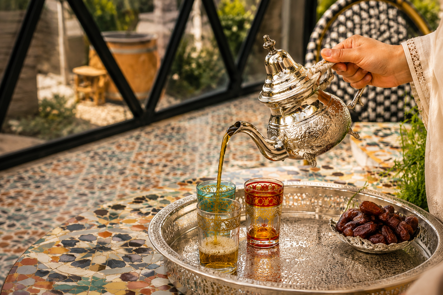 Moroccan mint tea poured from a silver teapot into ornate glasses