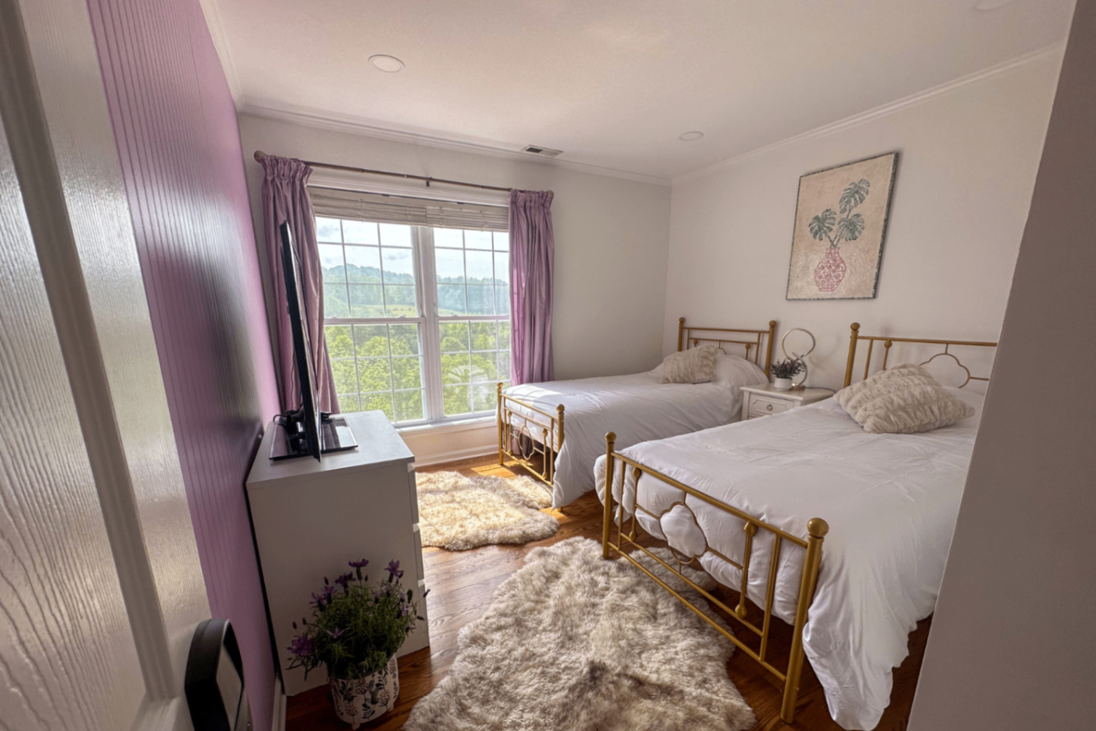 Lavender bedroom with brass beds and mountain view