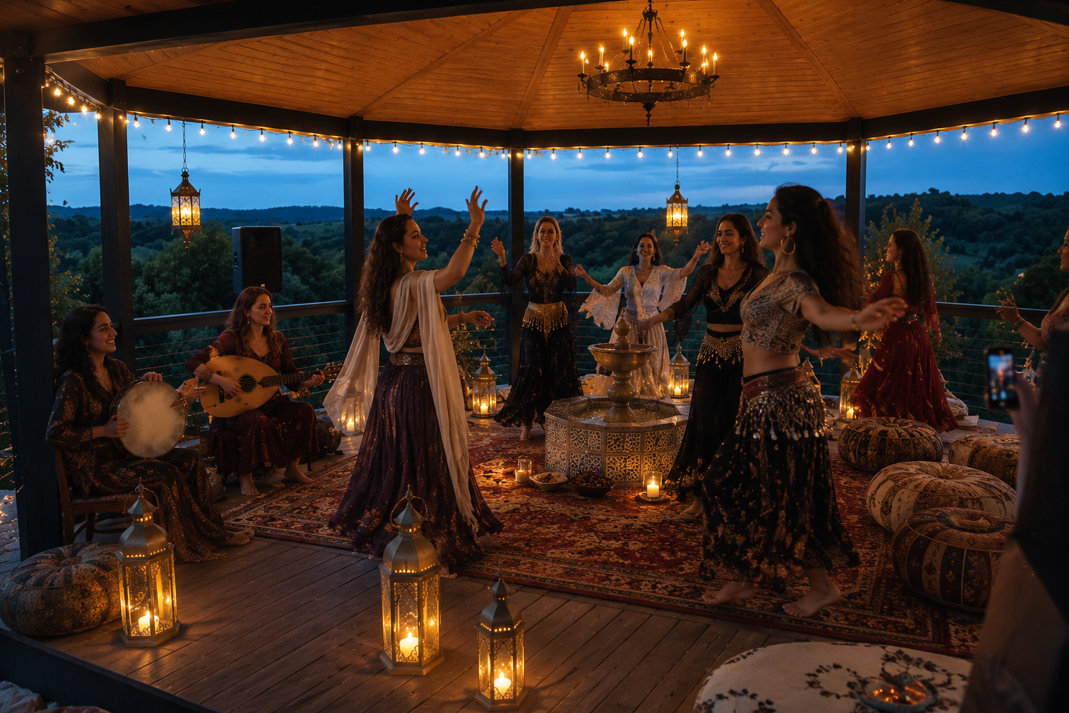 Live musicians and dancers in the lantern-lit pavilion