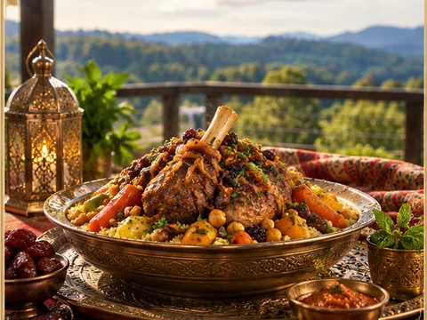 Moroccan couscous with lamb, vegetables, chickpeas, and herbs in an engraved serving bowl