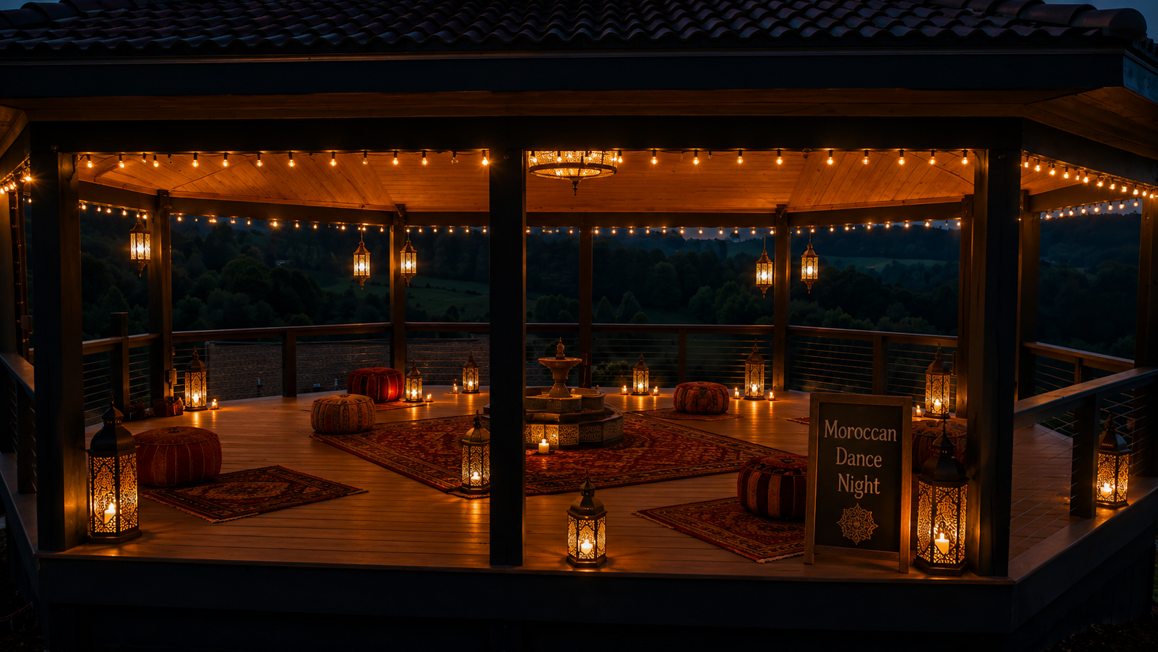 Lantern-lit Moroccan courtyard at Munaya at dusk.